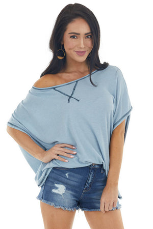 Powder Blue Waffle Knit Open Back Top with Exposed Stitching
