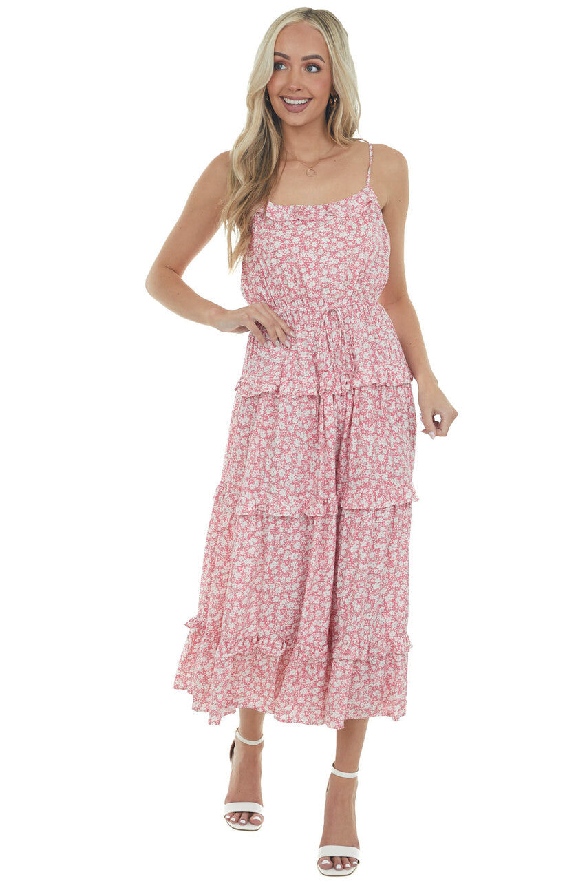 Punch Ditsy Floral Frill Tiered Midi Dress