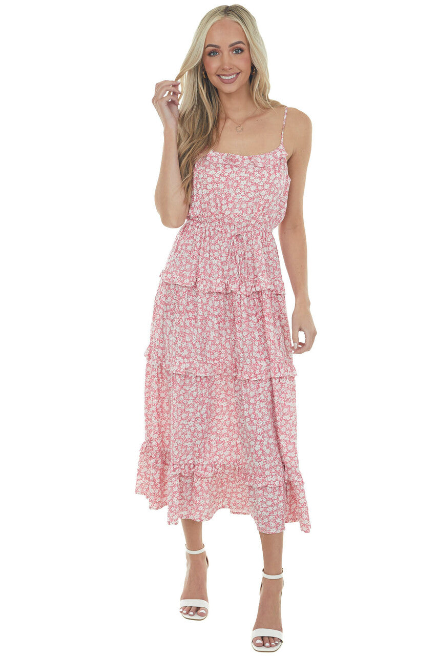 Punch Ditsy Floral Frill Tiered Midi Dress