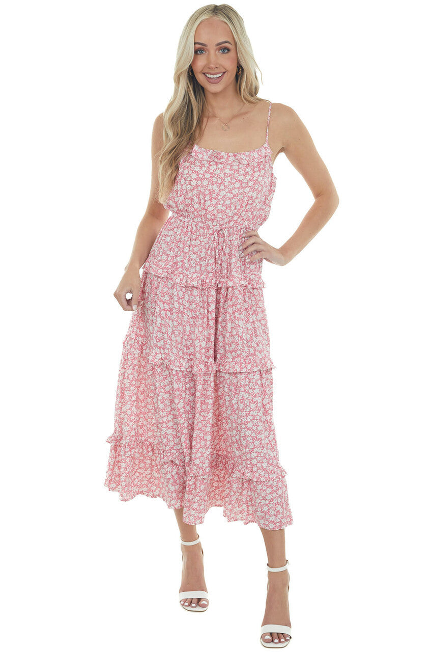 Punch Ditsy Floral Frill Tiered Midi Dress