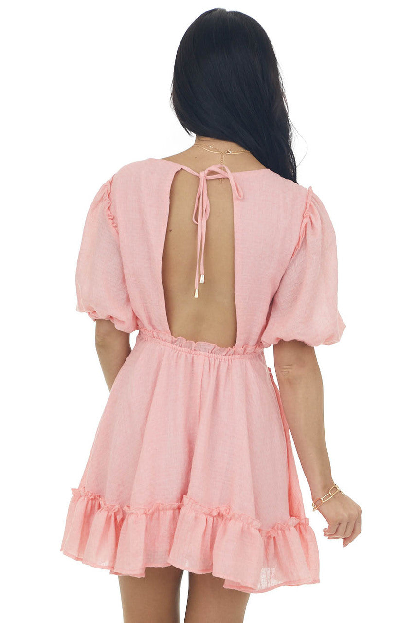 Punch Lace Waist Puff Sleeve Mini Dress