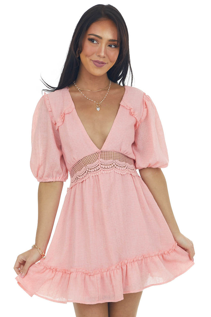 Punch Lace Waist Puff Sleeve Mini Dress