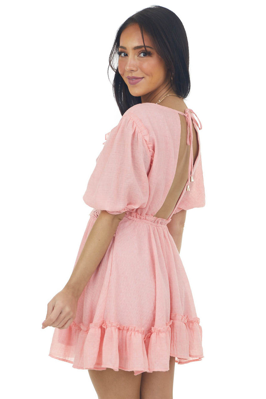 Punch Lace Waist Puff Sleeve Mini Dress