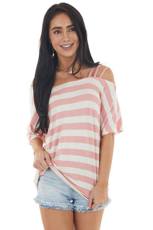 Blush Pink and Cream Striped Cold Strapped Shoulder Knit Top