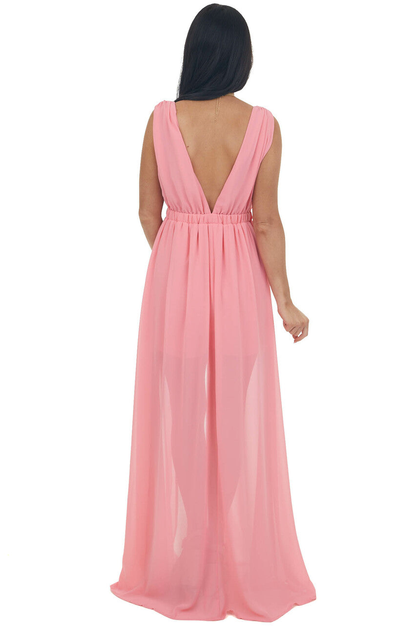 Punch Plunging Neck Slit Maxi Overlay Romper