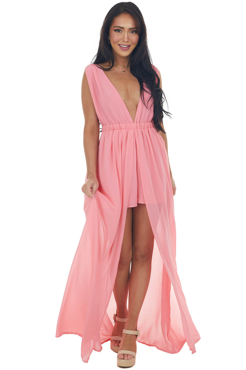 Punch Plunging Neck Slit Maxi Overlay Romper