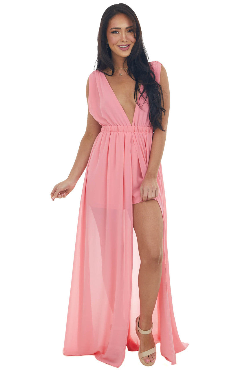 Punch Plunging Neck Slit Maxi Overlay Romper