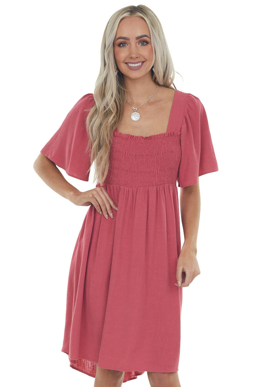 Punch Smocked Flutter Sleeve Linen Dress 