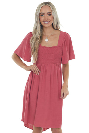 Punch Smocked Flutter Sleeve Linen Dress 