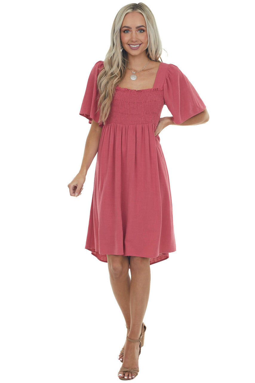 Punch Smocked Flutter Sleeve Linen Dress 