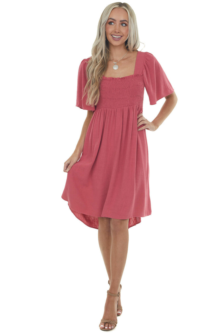 Punch Smocked Flutter Sleeve Linen Dress 