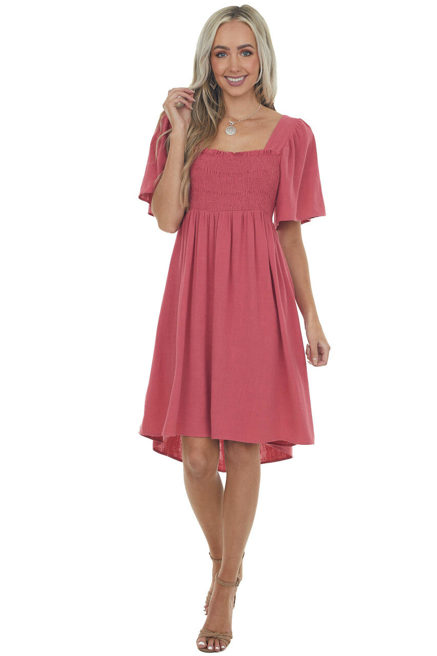 Punch Smocked Flutter Sleeve Linen Dress 