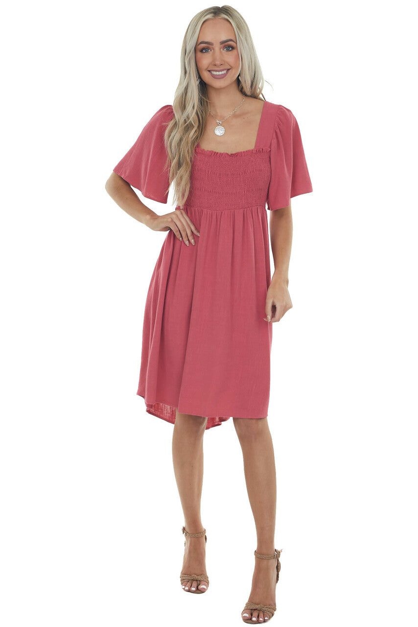 Punch Smocked Flutter Sleeve Linen Dress 