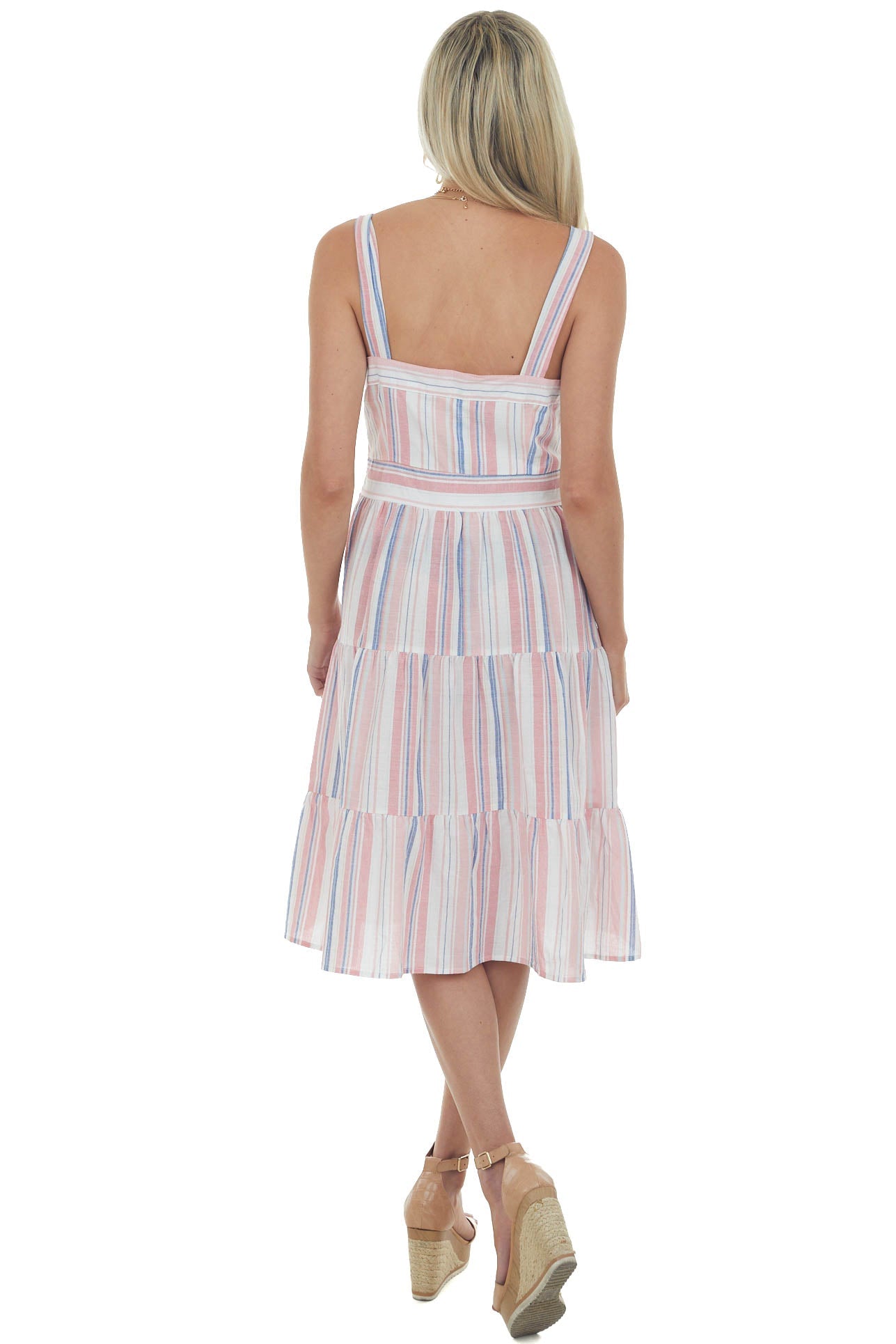 Punch Striped Square Neck Tiered Midi Dress