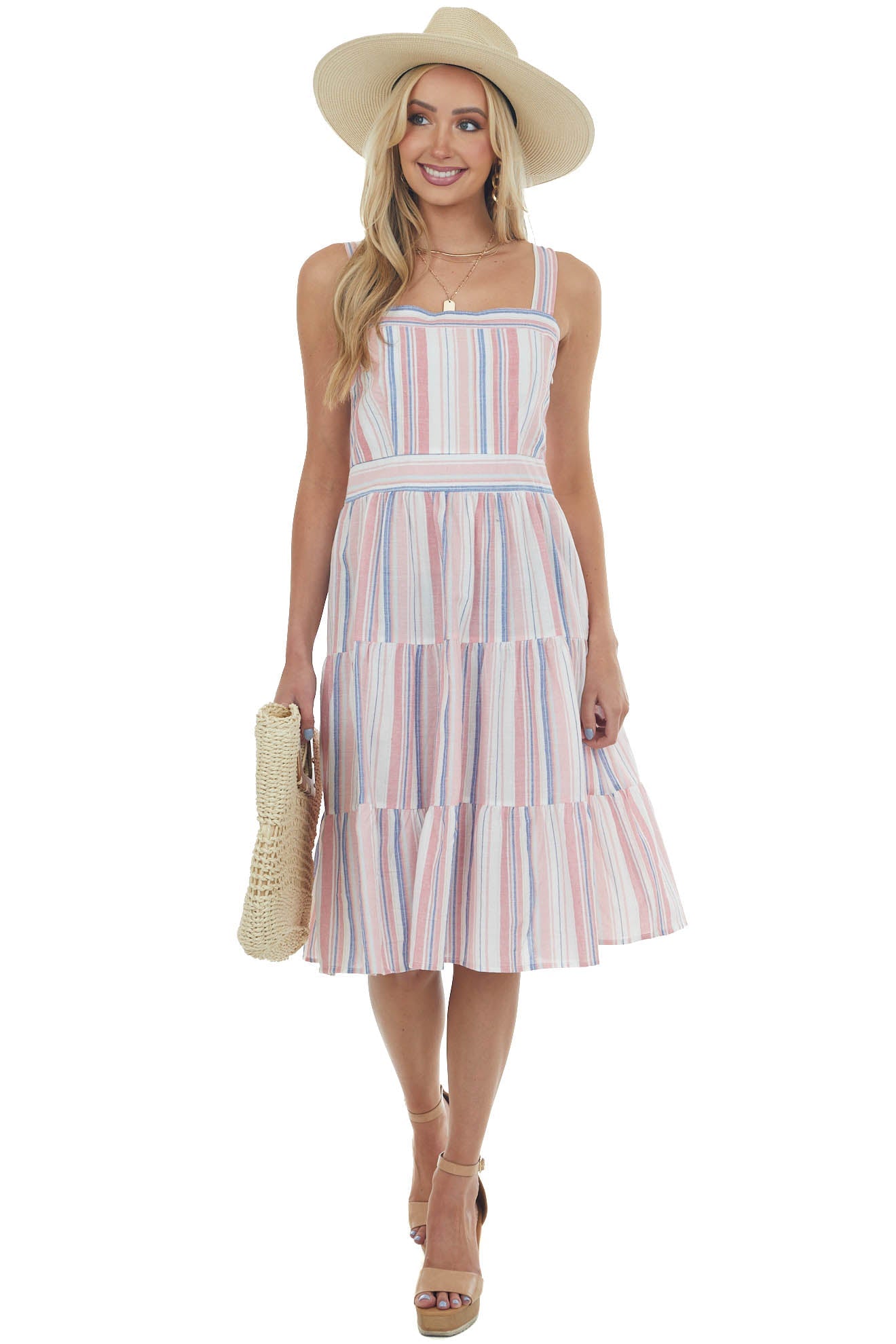 Punch Striped Square Neck Tiered Midi Dress