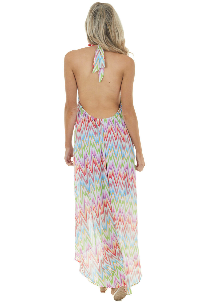 Rainbow Chevron Open Back High Low Halter Tie Neck Dress
