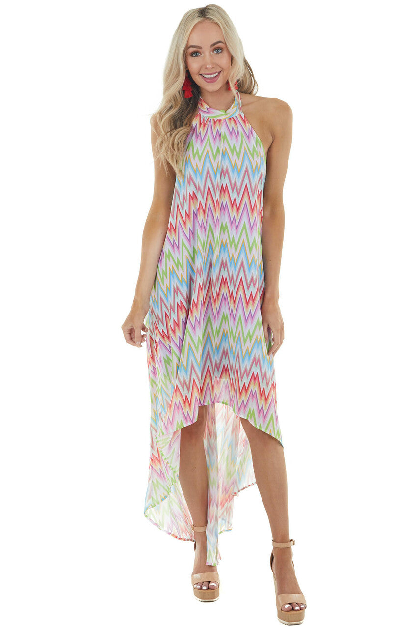 Rainbow Chevron Open Back High Low Halter Tie Neck Dress