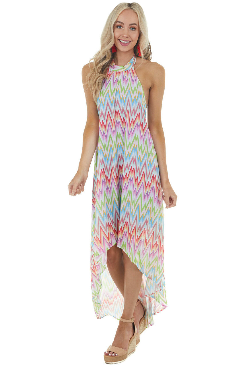 Rainbow Chevron Open Back High Low Halter Tie Neck Dress