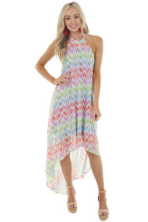Rainbow Chevron Open Back High Low Halter Tie Neck Dress