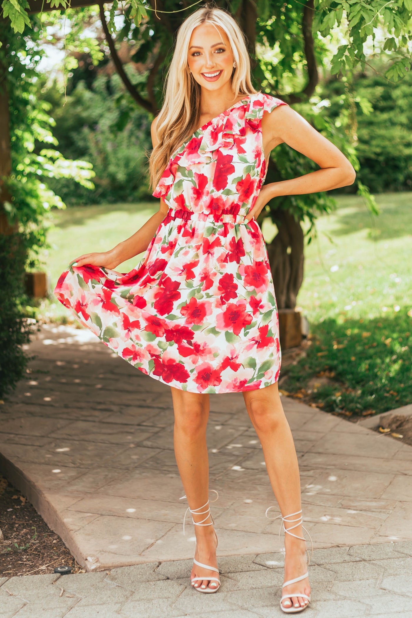 Raspberry Floral Print One Shoulder Short Dress