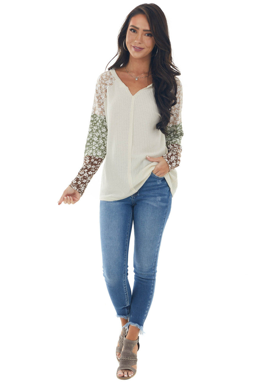 Rich Champagne Floral Colorblock Knit Top 
