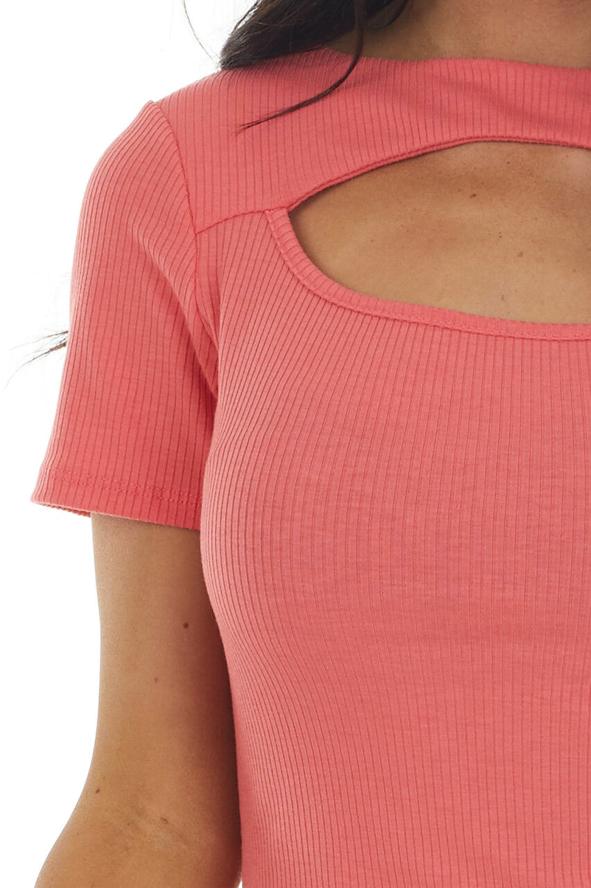 Rich Coral Bodycon Ribbed Knit Dress with Cutout Detail 