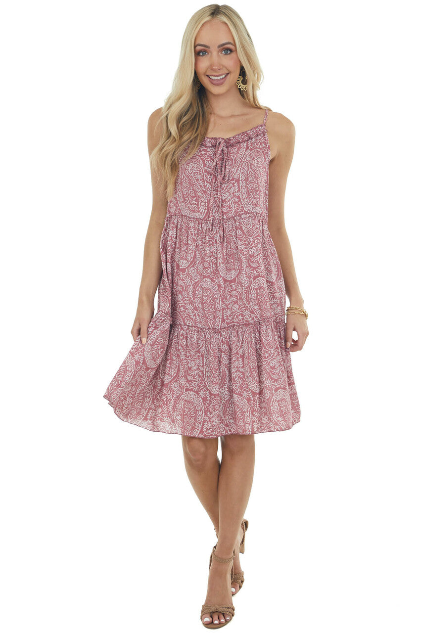 Rich Dusty Rose Paisley Sleeveless Short Dress