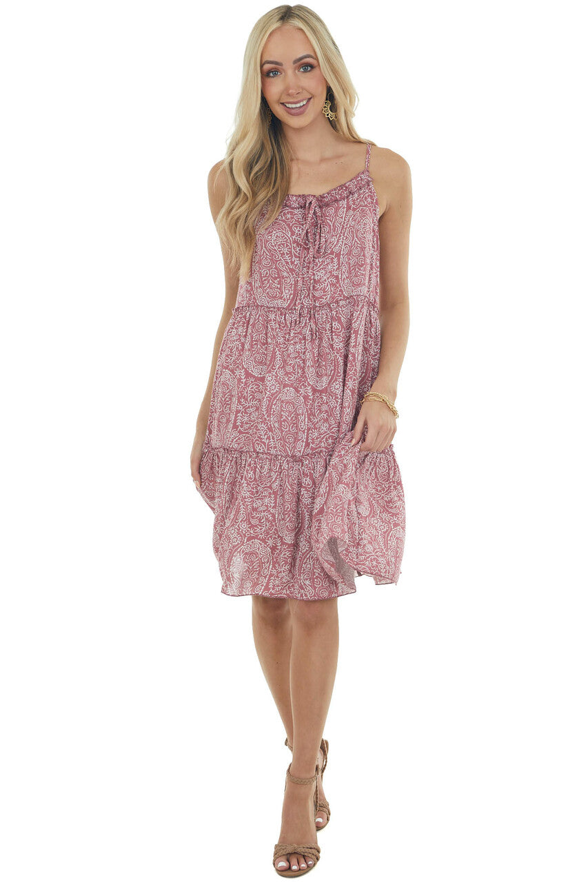 Rich Dusty Rose Paisley Sleeveless Short Dress