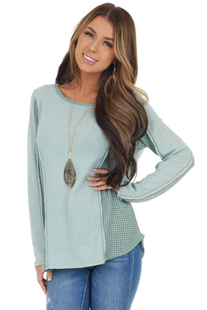 Sage Long Sleeve Waffle Knit Top with Contrast Detail