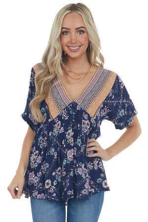 Rich Navy Multiprint Babydoll V Neck Woven Top