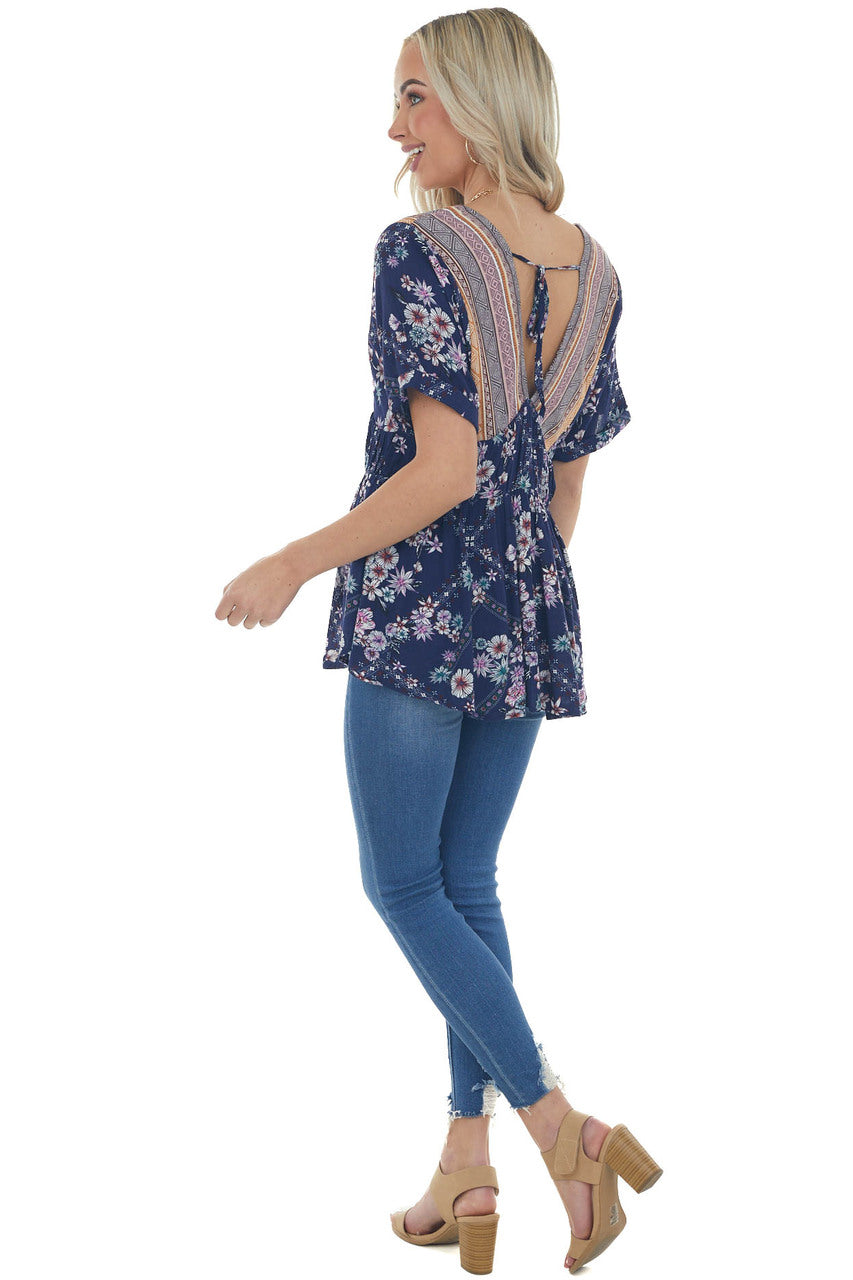 Rich Navy Multiprint Babydoll V Neck Woven Top