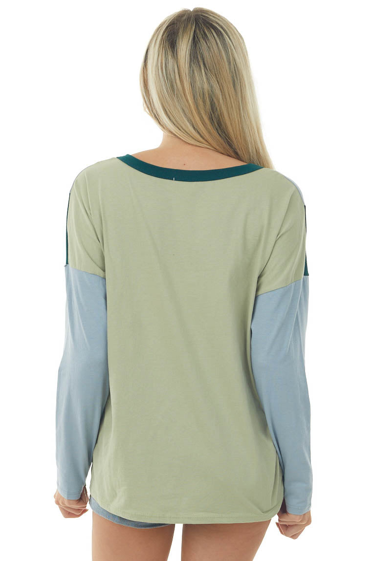 Rich Pistachio Colorblock Long Sleeve Knit Top