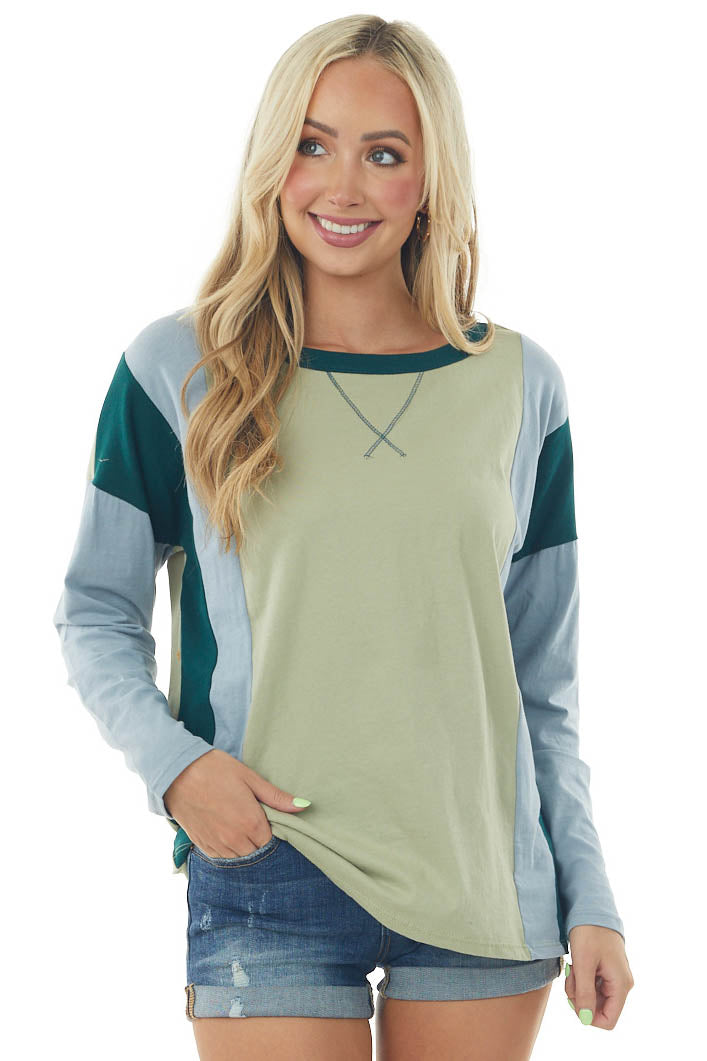 Rich Pistachio Colorblock Long Sleeve Knit Top