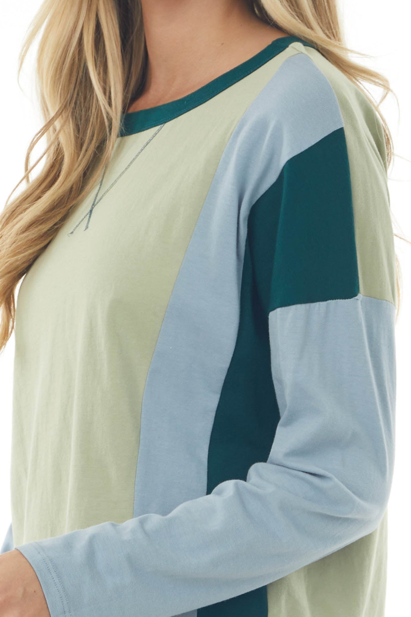 Rich Pistachio Colorblock Long Sleeve Knit Top