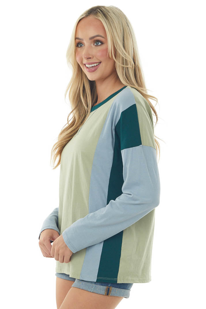 Rich Pistachio Colorblock Long Sleeve Knit Top