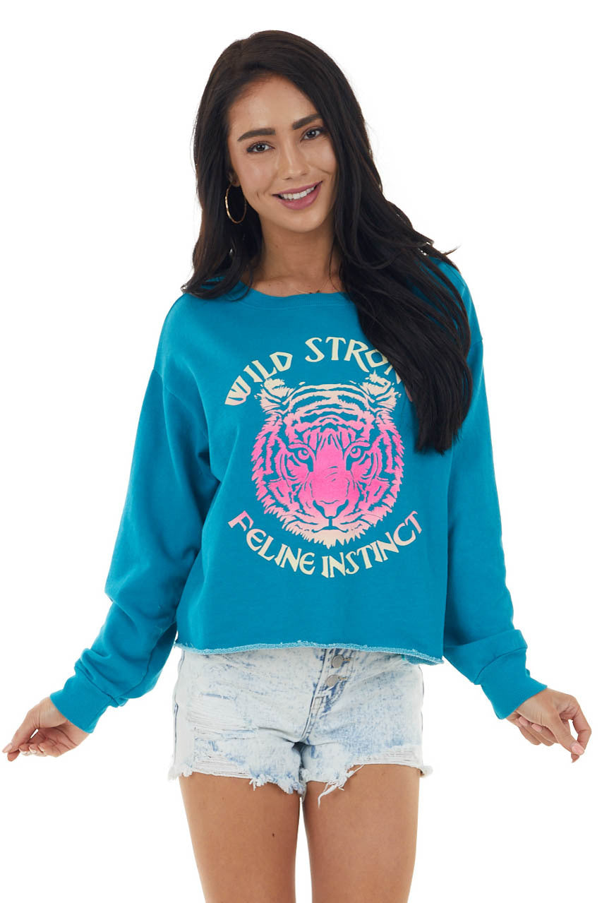 Rich Teal Long Sleeve Sweatshirt with Tiger Graphic 