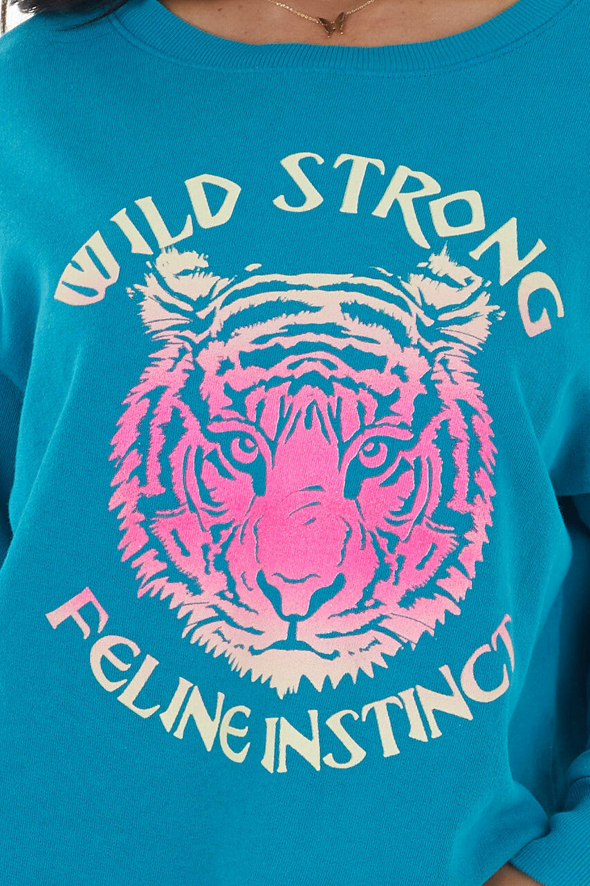Rich Teal Long Sleeve Sweatshirt with Tiger Graphic 