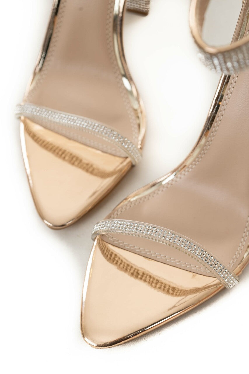 Rose Gold Metallic Rhinestone Strappy Heels