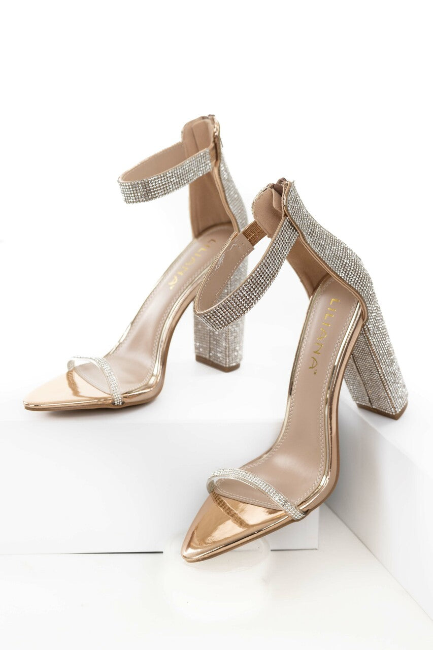 Rose Gold Metallic Rhinestone Strappy Heels