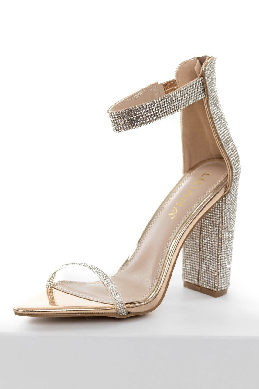 Rose Gold Metallic Rhinestone Strappy Heels