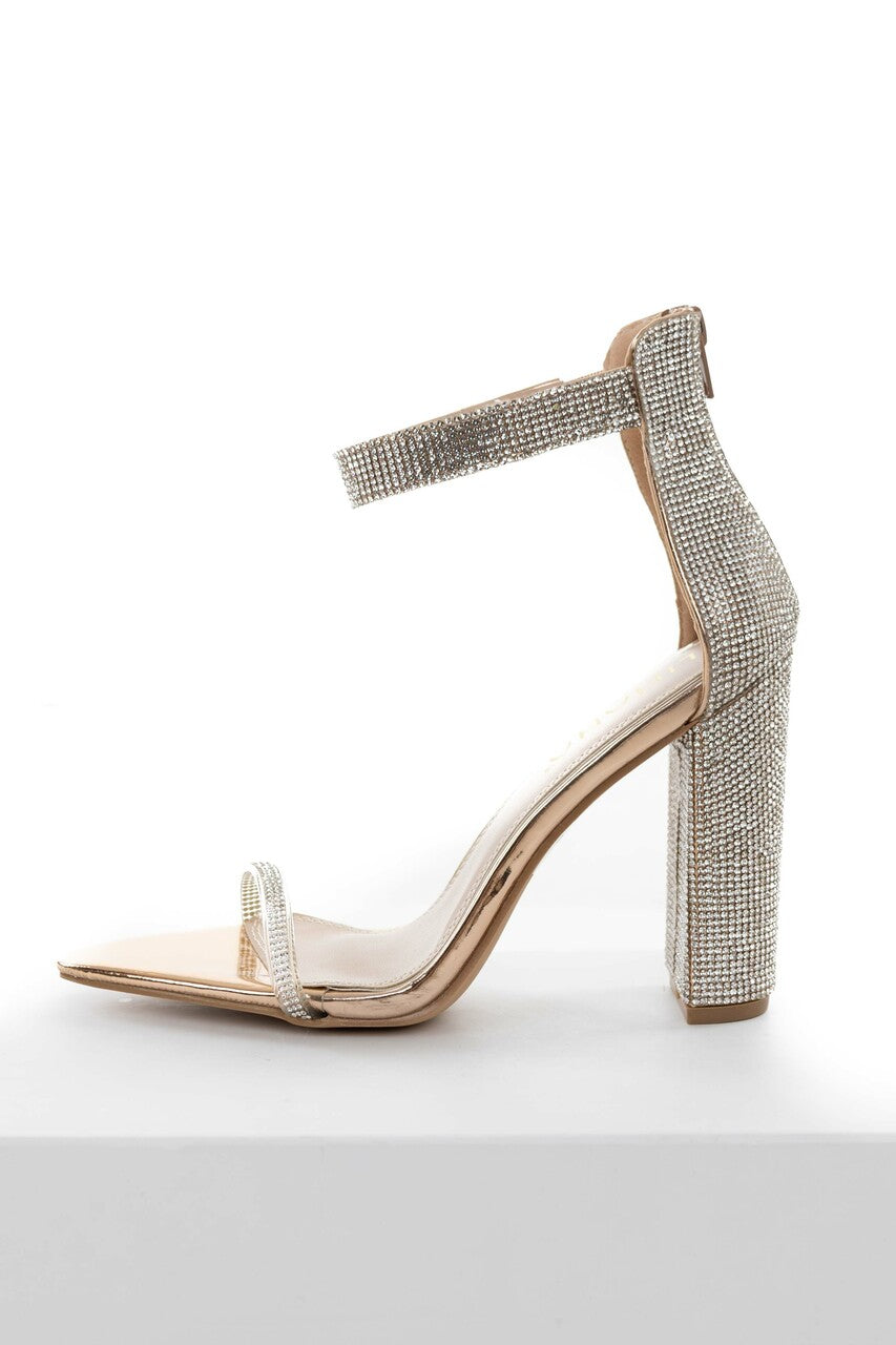 Rose Gold Metallic Rhinestone Strappy Heels