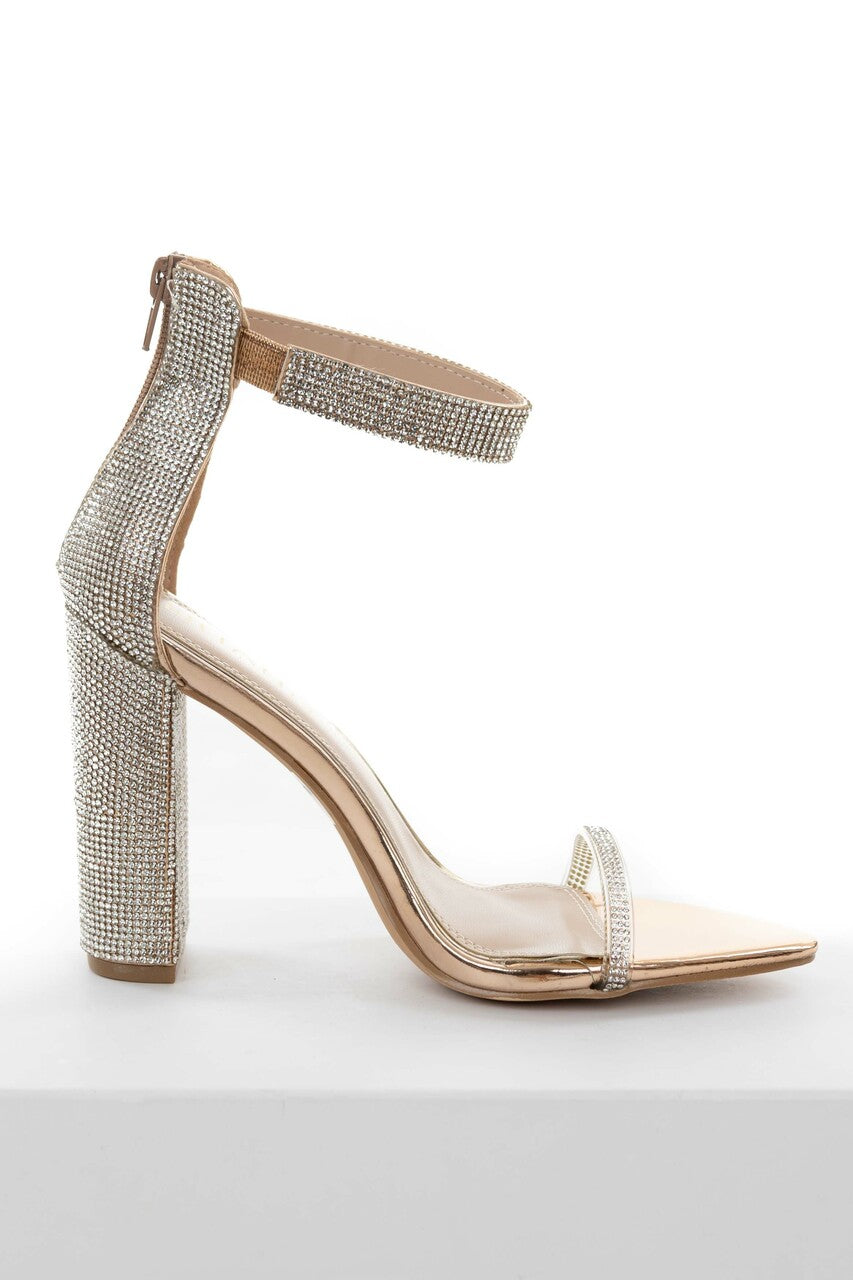 Rose Gold Metallic Rhinestone Strappy Heels