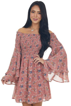Rose Taupe Floral Print Long Sleeve Off the Shoulder Dress