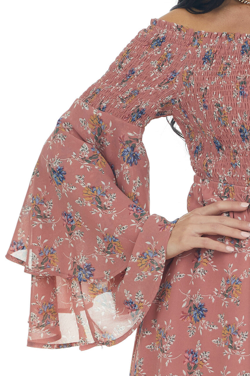 Rose Taupe Floral Print Long Sleeve Off the Shoulder Dress