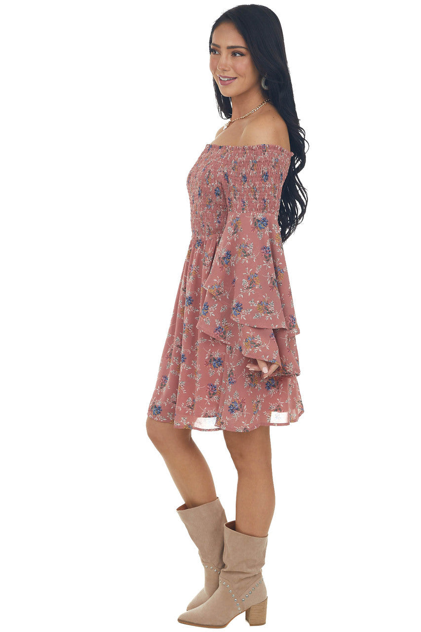 Rose Taupe Floral Print Long Sleeve Off the Shoulder Dress