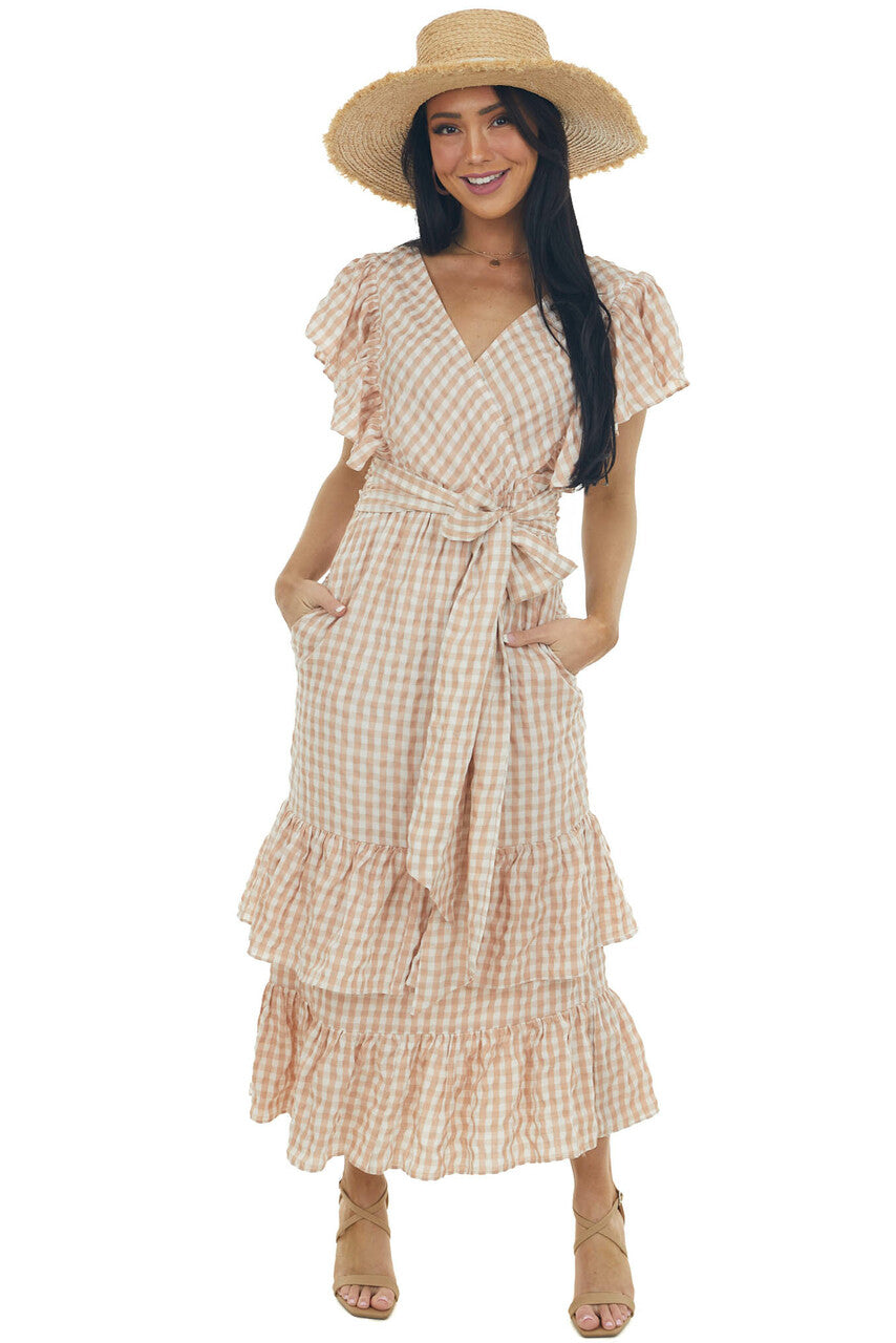Rose Taupe Gingham Ruffle Tiered Maxi Dress