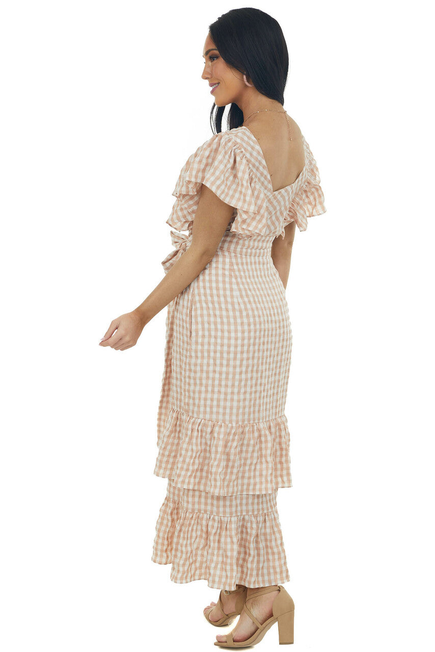 Rose Taupe Gingham Ruffle Tiered Maxi Dress