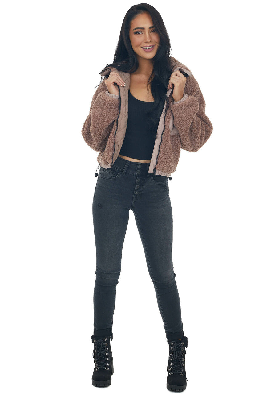 Rose Taupe Mock Neck Hooded Cozy Teddy Jacket 