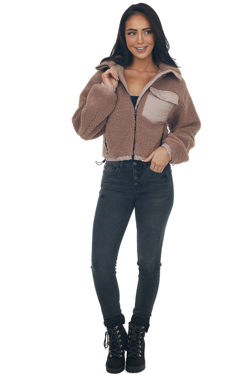 Rose Taupe Mock Neck Hooded Cozy Teddy Jacket 