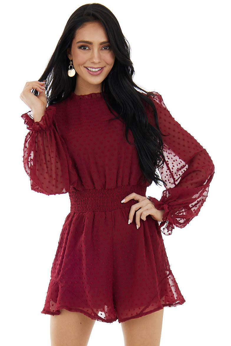 Burgundy Swiss Dot Long Puff Sleeve Romper